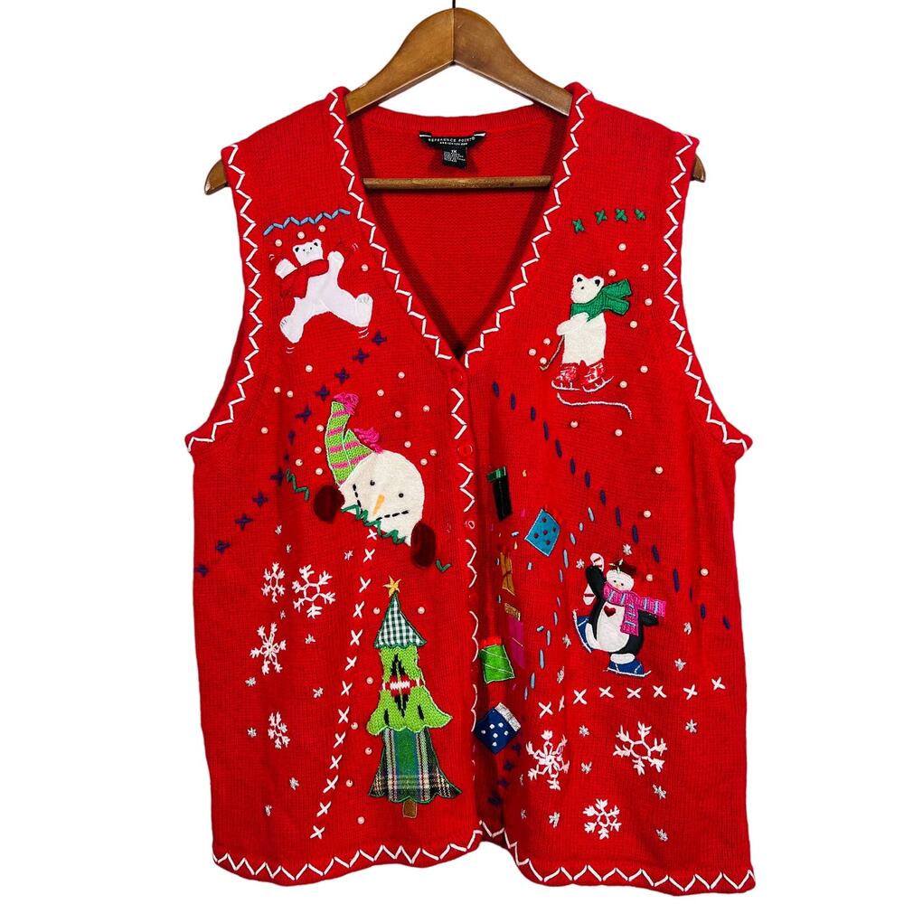 Vintage Reference Point Christmas Vest Knit Lightweight Red Button - 1X